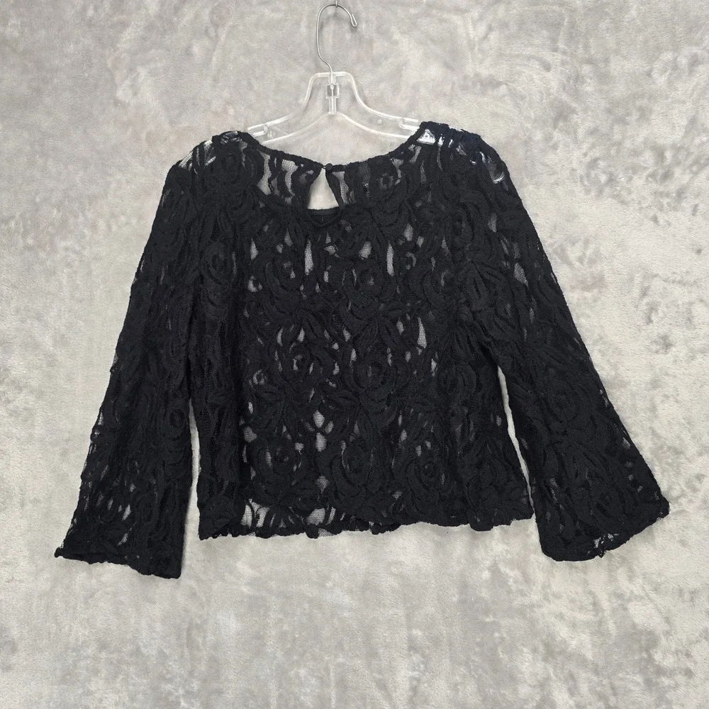 INC Sheer Lace Top Women XL Black Floral Bell Sleeve Goth Fairy Grunge Y2K Layer
